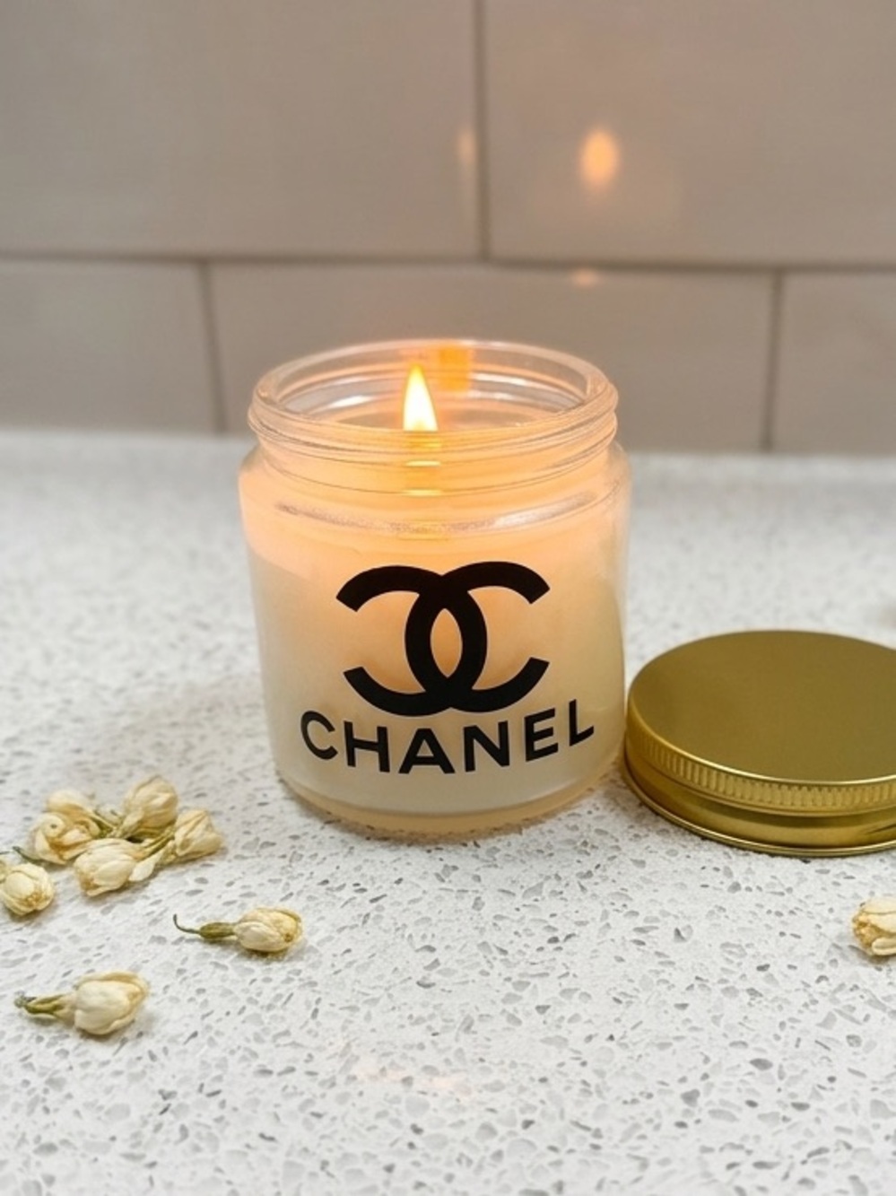 ChaneI White Jar Candle 🕯️ with Black Logo and Gold Lid